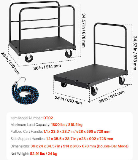 Vevor Καρότσι Μεταφοράς για Φορτίο Βάρους έως 816kg σε Μαύρο Χρώμα
