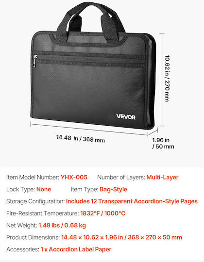 Vevor Fireproof & Waterproof Document Folder Temperature Resistance 1000°C Multilayer Dimensions 368 X 270 X 50 Mm Dsfhdcgkdcrq2zvk9001v0
