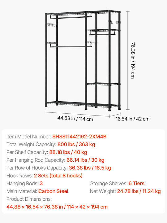 Vevor Floor Garment Rack made of Metal Black 114x42x194cm