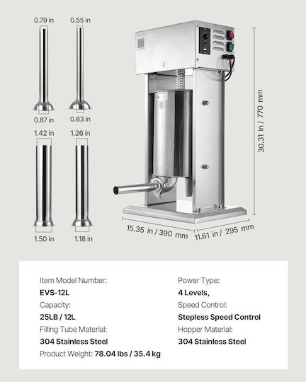 Vevor Sausage Filler Machine with Pedal 12lt 39x29.5x77cm