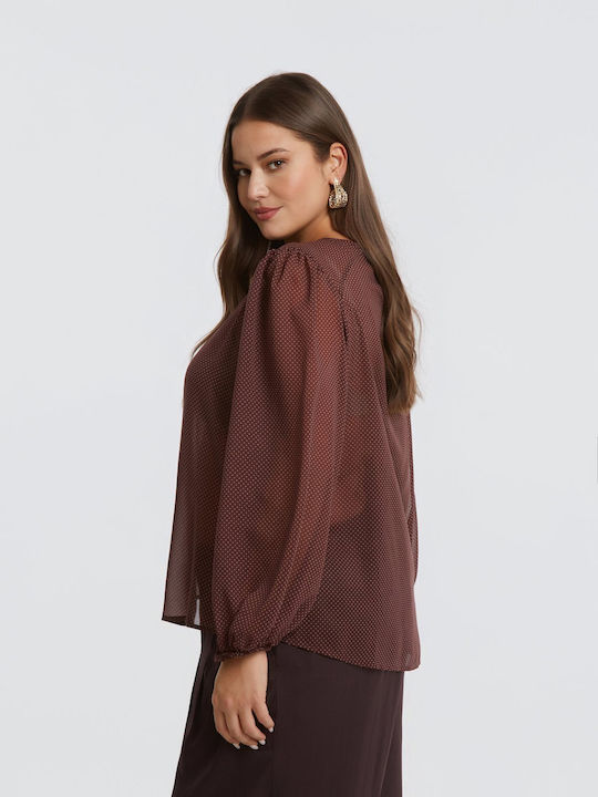 Women's Blouse with Mesh Polka Dot Brown