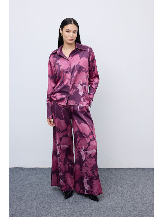 Femei Burgundy Set cu Talie înaltă Pantaloni Floral