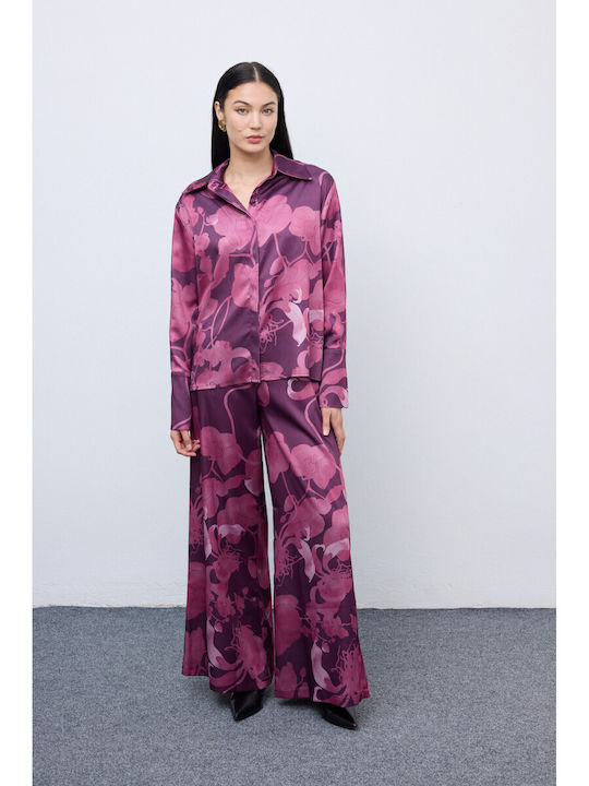 Femei Burgundy Set cu Talie înaltă Pantaloni Floral