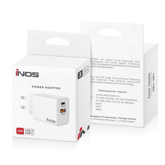 iNOS Charger Without Cable with USB-A Port and USB-C Port 20W Power Delivery / Quick Charge 3.0 Whites