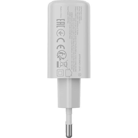 Canyon Ladegerät mit integriertem Kabel mit USB-A Anschluss und USB-C Anschluss 25W Stromlieferung / Schnellaufladung 3.0 Weißs (OnCharge 250)