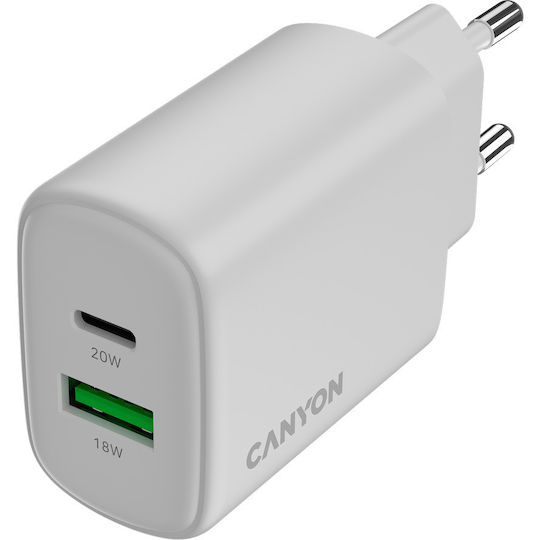 Canyon Charger Without Cable with USB-A Port and USB-C Port 20W Power Delivery / Quick Charge 3.0 Whites (OnCharge 200)