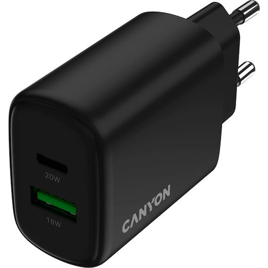 Canyon Φορτιστής Χωρίς Καλώδιο με Θύρα USB-A και Θύρα USB-C 20W Power Delivery / Quick Charge 3.0 Μαύρος (OnCharge 200)