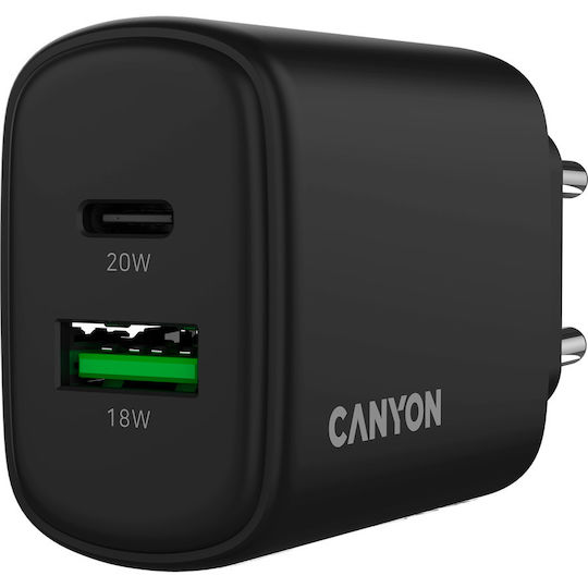 Canyon Φορτιστής Χωρίς Καλώδιο με Θύρα USB-A και Θύρα USB-C 20W Power Delivery / Quick Charge 3.0 Μαύρος (OnCharge 200)