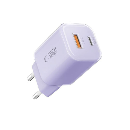 Tech-Protect Charger Without Cable with USB-A Port and USB-C Port 33W Power Delivery / Quick Charge 3.0 Baby Purple (NCM33)
