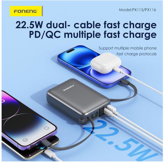 Foneng PX115 Mini Външна батерия 10000mAh 22.5W с USB-C порт Power Delivery / Quick Charge / PPS в златист цвят