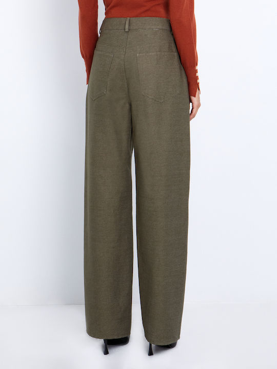 Damen Stoff Hose in Weitem Schnitt Khaki