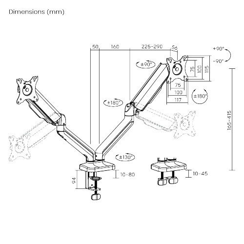 Serioux SRXA-MM97-C024E Stand Desk Mounted for 2 Monitors up to 32" with Arm Gray