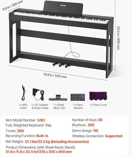 Vevor Electric Stage Piano QPZBZSZCGQ88SVGUC001V2 with 88 Weighted Keys