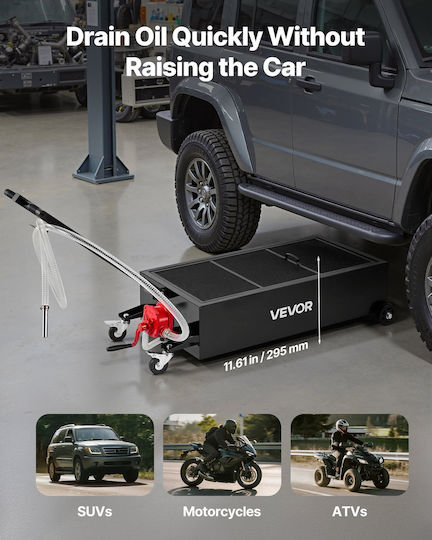 Vevor Low Profile Oil Drain Tank Capacity 94.6 L Mobile Oil Drain Tank Manual Pump Hose 2.2 M & Folding T Handle Waterproof & Corrosion Resistant Suitable for Cars SUVs Trucks ATVs Black
