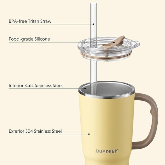 Buydeem Ποτήρι Θερμός Πλαστικό 700ml White με Καλαμάκι