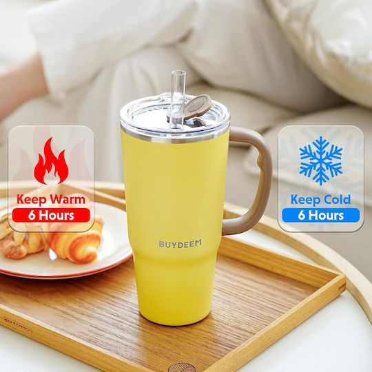 Buydeem Buydeem Thermosflasche Rostfreier Stahl 700ml Gelbe mit Stroh