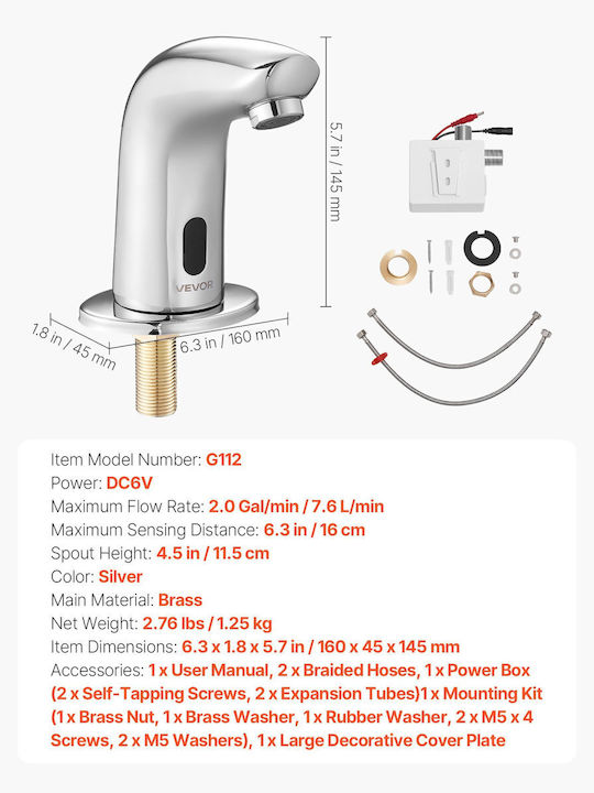 Vevor Automatic Sensor Bathroom Faucet Chrome Detection Range 16 Cm Dltdlwsbzdte4kzm5002v9