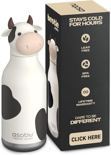 Asobu Stainless Steel Kids Water Bottle Thermos with Straw Besties Cow 475ml