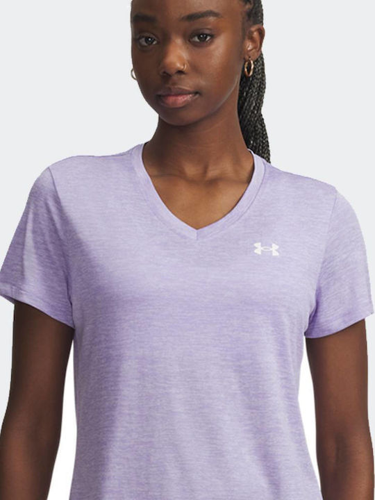 Damen Sport Bluse Kurzärmelig Schnell trocknend mit V-Ausschnitt & Transparenz Lila
