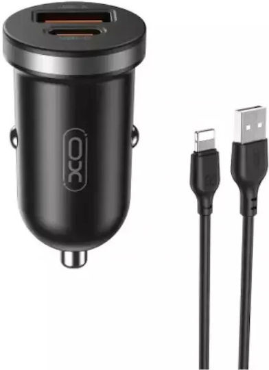 XO Încărcător Auto Cu Mufă De Brichetă 30W Cu Porturi 1xUSB-A 1xType-C Împreună Cu Cablu Type-C Culoare Neagră