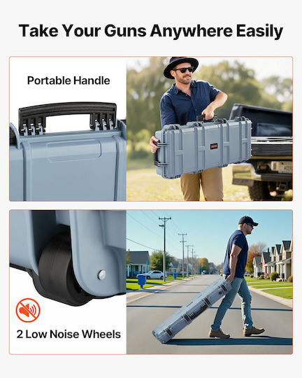 Vevor Hard Weapon Case Locked Weapon Case Streamlined Foam Materials Weapon Storage 1016 Mm Wheels Ip67 Waterproof & Dust Resistant Portable Large Storage Pistol Shotguns Hunting Guns Air Guns Gray