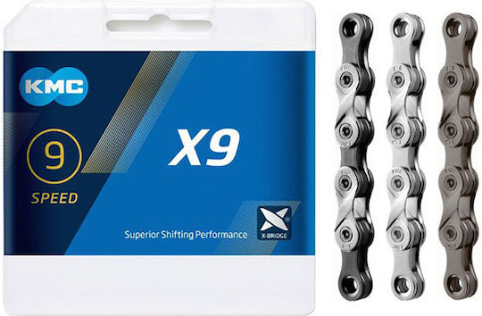 Kmc X9 Bicycle Chain 9 Speeds 114 Links 1/2 X 11/128 Inch Gray Silver