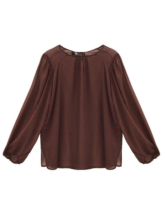 Women's Blouse with Mesh Polka Dot Brown