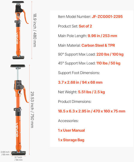 Vevor Adjustable Support Pole for Cabinets 48-75 cm Set 2 Pieces Zxkscg185295zo7g3001v0