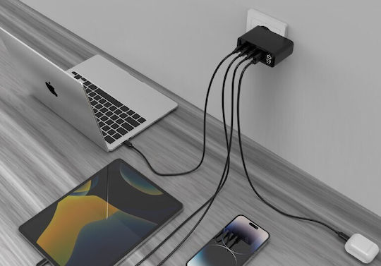 Gembird Charger Without Cable GaN with USB-A Port and 3 USB-C Ports 100W Power Delivery Blacks (TA-UC-PDQC100LCD-01-BK)