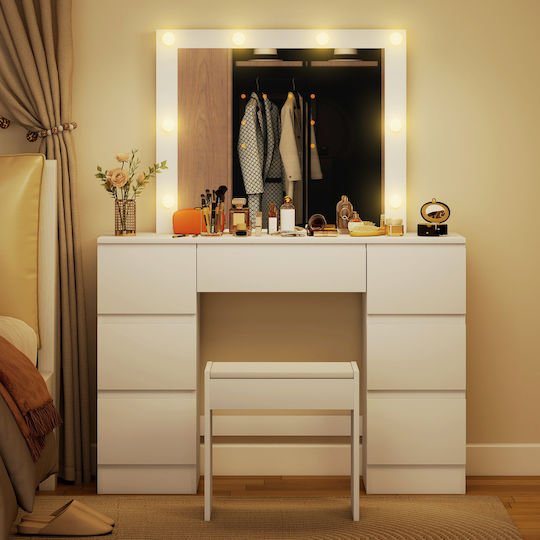 Floor-standing Wooden Bedroom Dressing Table White with Mirror & Stool 110x39.5x140cm