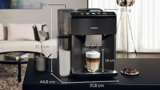 Siemens Eq500 Αυτόματη Μηχανή Espresso 1500W Πίεσης 15bar για Cappuccino με Μύλο Άλεσης Μαύρη 1307069