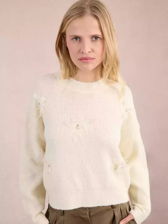 Women's Long Sleeve Sweater Woolen Floral White