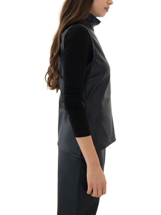 Women's Blouse Leather Sleeveless with Zipper Black