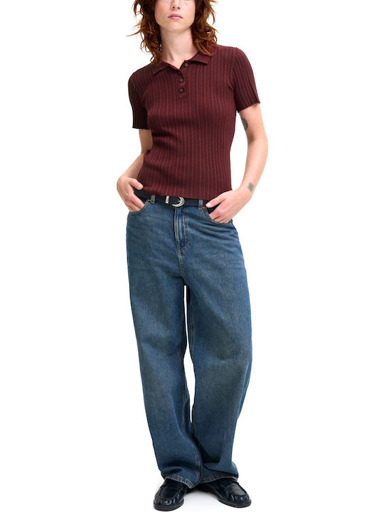 Damen Polo Bluse Kurzarm Bordeaux