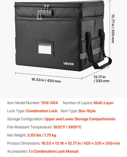 Vevor Fireproof & Waterproof Document Box 16.53x13.18x13.77 Inches Temperature Resistance Up To 1000°C Lock & Double Storage Xsfhdsczddcrclkqy001v0