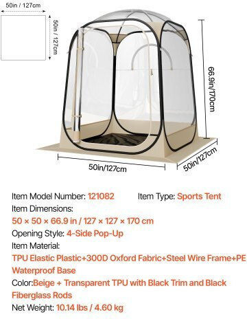 Vevor Winter Fishing Tent Pop Up Transparent for 1 Person 127x127x170cm