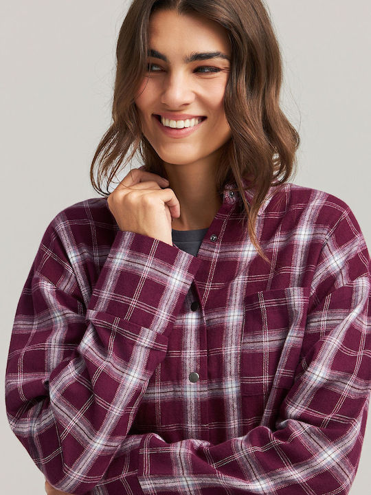 Women's Checked Long Sleeve Shirt Burgundy