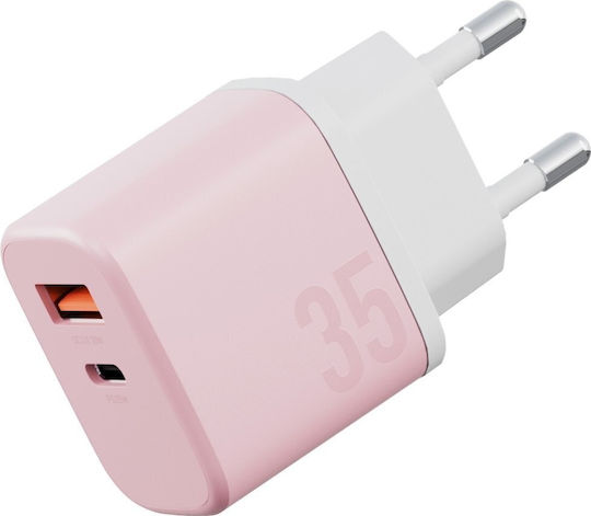 Bazic Φορτιστής GaN με Θύρα USB-A και Θύρα USB-C και Καλώδιο USB-C - USB-C 35W Power Delivery / Quick Charge 3.0 Ροζ (Goport Velox Kit)