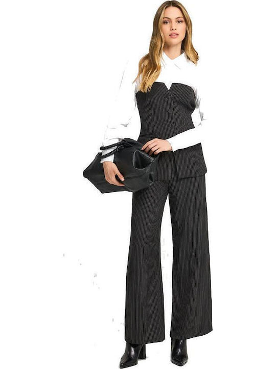 Women's Fabric Trousers Regular Fit Striped Black