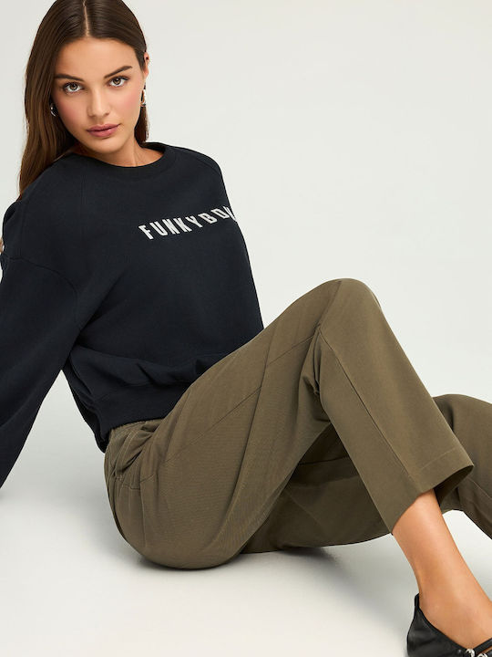 Women's High-waisted Fabric Trousers with Elastic Loose Fit Dusty Olive Green