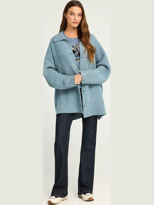 Fleece Γυναικεία Ζακέτα με Κουμπιά σε Μπλε Χρώμα