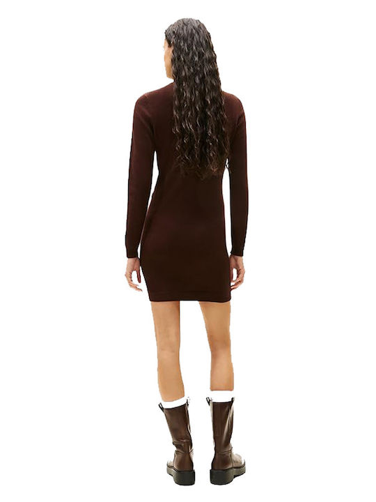 Mini Knitted Dress with Turtleneck Brown