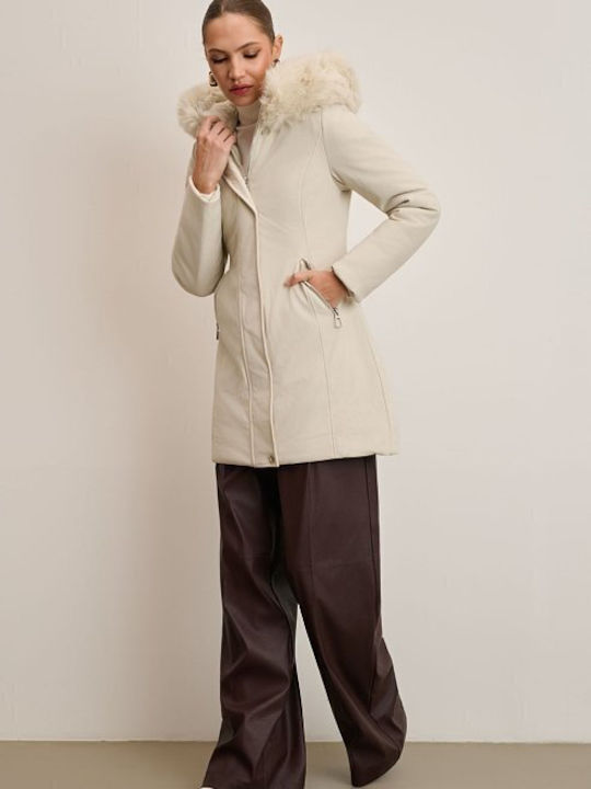 Women's Long Parka Jacket for Winter with Hood Ecru