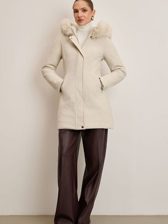 Women's Long Parka Jacket for Winter with Hood Ecru