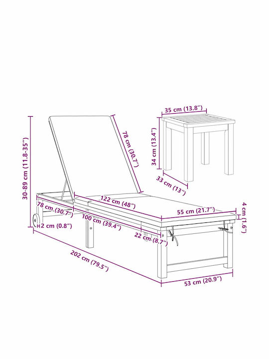 Градински Шезлонг Дървен Кафяв С Масичка 3 Бройки 202x35x34см