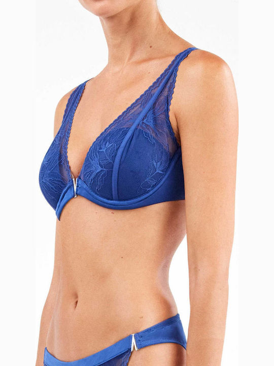 Balconette Μπλε Σουτιέν Push Up με Μπανέλες