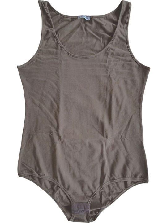 Jadea Beige-Mocha Cotton Sleeveless Bodysuit Wide Straps 4152