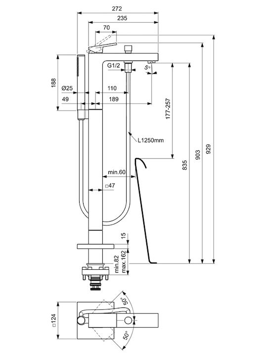 Ideal Standard Extra Αναμεικτική Μπαταρία Μπανιέρας Ασημί