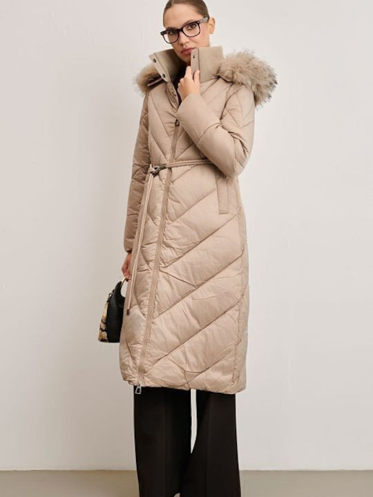 Women's Long Lifestyle Jacket for Winter with Hood Beige