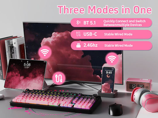 Ajazz AK980 V2 Gaming Μηχανικό Πληκτρολόγιο με Merrard διακόπτες και RGB φωτισμό (Αγγλικό US) Ροζ